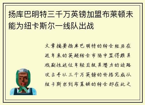 扬库巴明特三千万英镑加盟布莱顿未能为纽卡斯尔一线队出战
