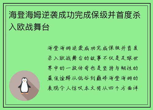 海登海姆逆袭成功完成保级并首度杀入欧战舞台